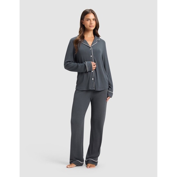 cozy earth Other - Cozy Earth Women's Bamboo Rib Knit Collared Button-Up Pajama Set 2XL Gray